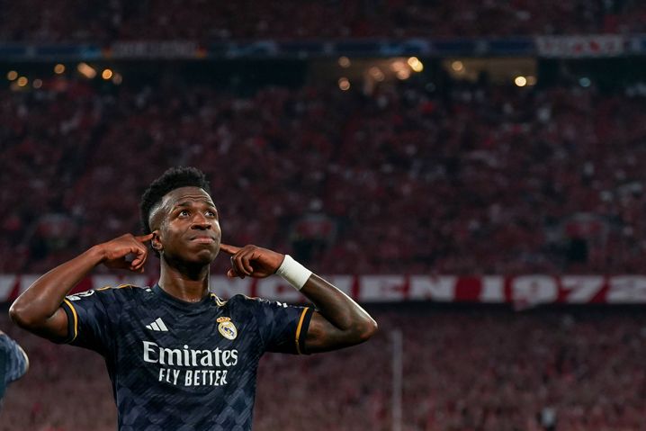 Vinicius after the first of his two goals scored in the semi-final first leg between Bayern Munich and Real Madrid, April 30, 2024. 